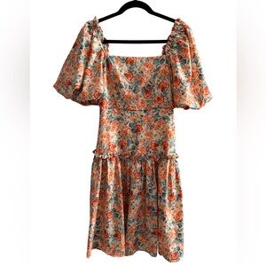Floral Puff Sleeve Midi Dress – Square Neck, Smocked Waist, One Size
